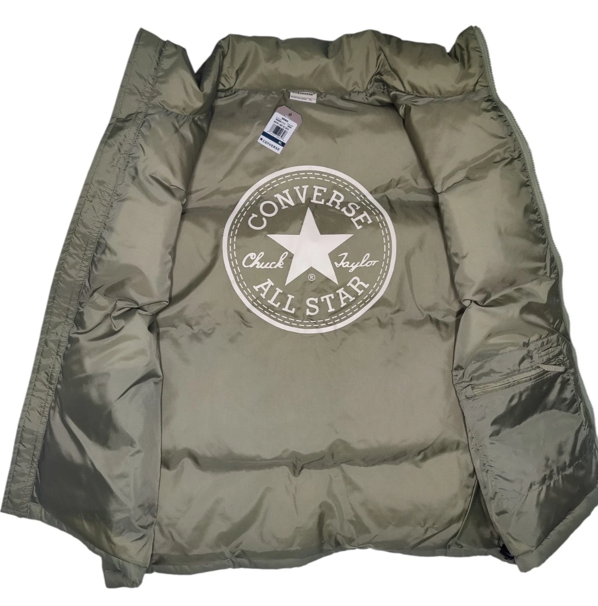 NWT Converse Mens XL Olive Green Down Puffer Vest Jacket Chuck Taylor Lining