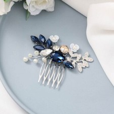 Rhinestone Bride Wedding Hair Comb Blue Hair Piece Leaf Ceramic Flower Bridal...