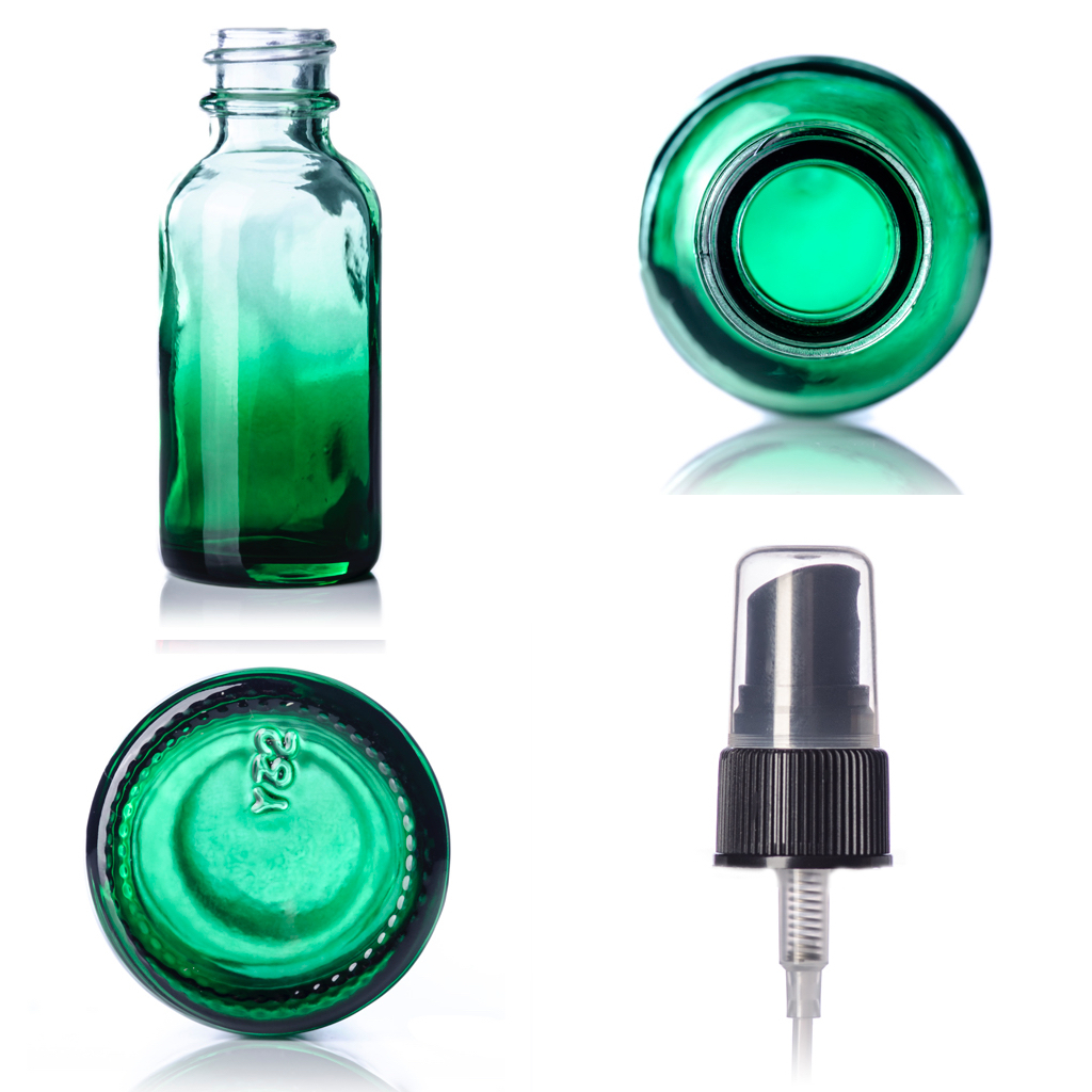 1oz Green Glass Shaded Boston Round Bottles Qty 48 With Fine Mist Sprayers NEW