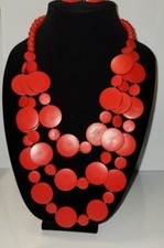 Boho Style Red Wooden Round Plates Multi-Layers Necklace and Earrings Set
