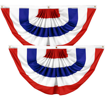 G128 2 Pack: American USA No Stars Pleated Fan Flag 3x6 Ft Printed 150D Poly