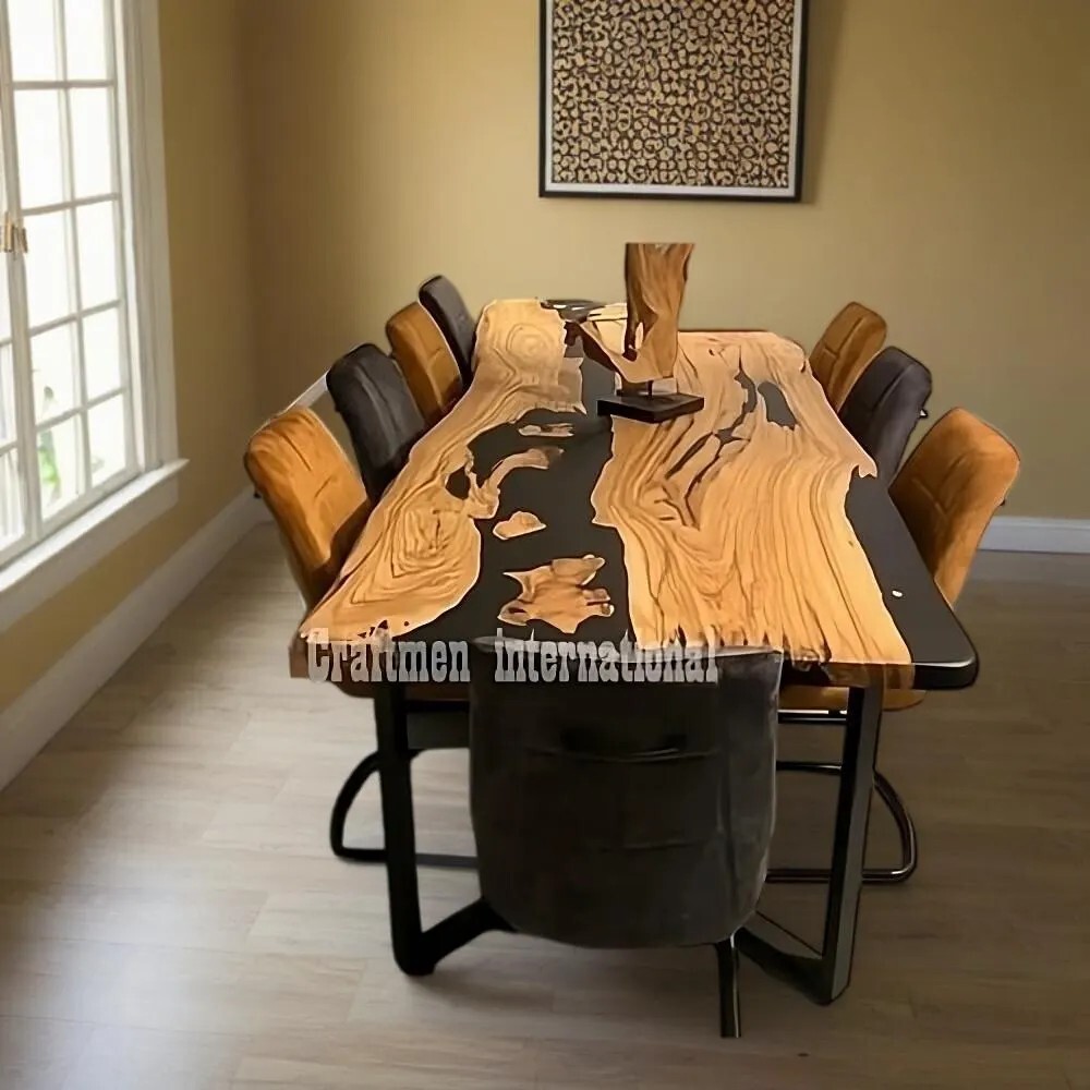 Black Epoxy River Table Handmade Wooden Dining Desk Modern Home Decor Furniture  