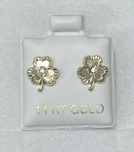 Flower Leaf Clover White Stud Earrings 14K Solid Gold With Safety Backing - 第 2/3 張圖片