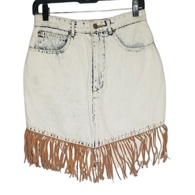 Vintage Wooz Wear Fringe Skirt Acid Wash Denim Size 9/10