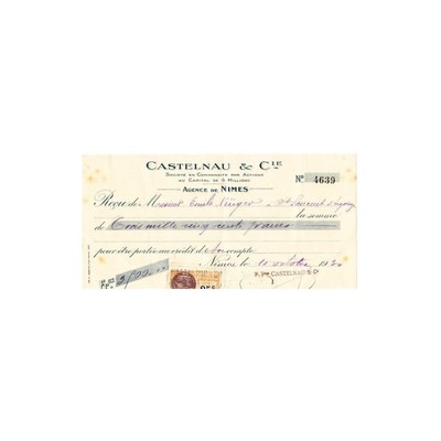 Bank CASTELNAU Quittung von 3.500 Fr für Emile KRUGER Saint LAURENT d'Aigouze 1930