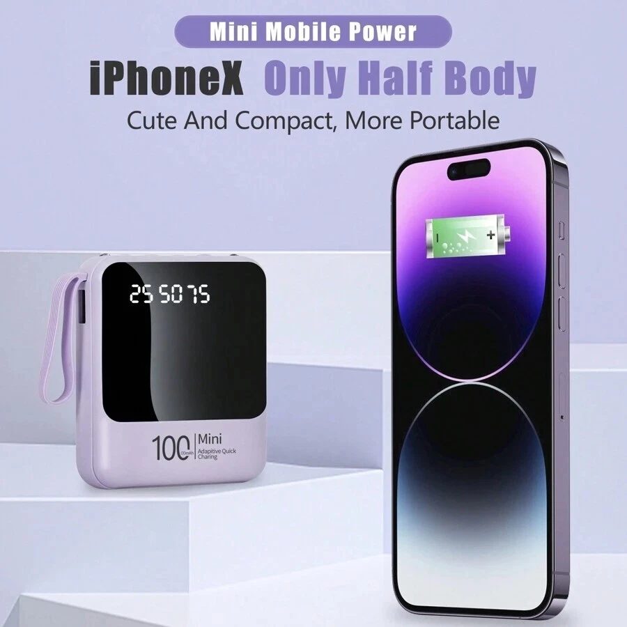 Power Bank 10000mAh Mini Portable – Fast Charging, Built-in Cables, LED Light