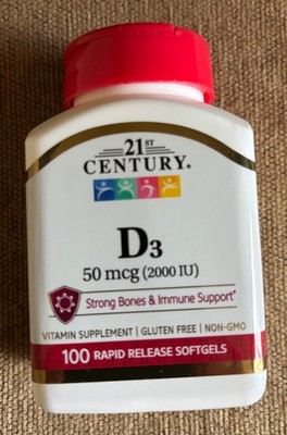 21st Century Vitamin D3 2000 IU Rapid Release Softgels Gluten Free 50 mcg 100 Ct