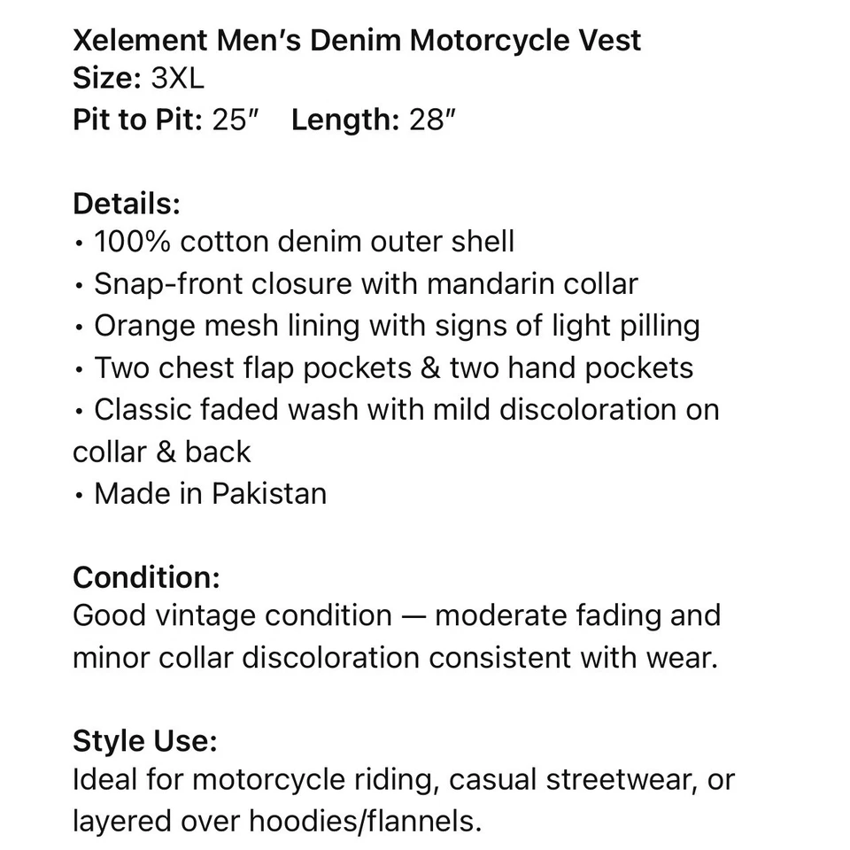 Xelement Mens Denim Motorcycle Vest Orange Mesh Lining Size 3XL Snap Front - Image 2 of 4