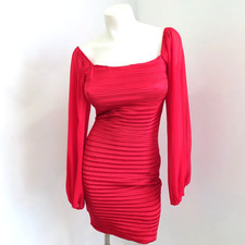 O Flux Dress Womens Small Red Satin Pleated Long Sleeve Wedding Party Cocktail