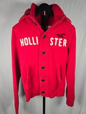 Hollister Hoodie Sz S Red Button Front Spell Out Logo Y2K Sweatshirt Jacket