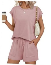 Two Piece Sets for Women Summer Crew Neck Lounge Short Sets Cap XX-Large Pink