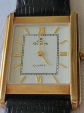 AWESOME EURO GENEVE Tank Watch 14kt Gold Six Jewels Black Stuller Lizard Band 