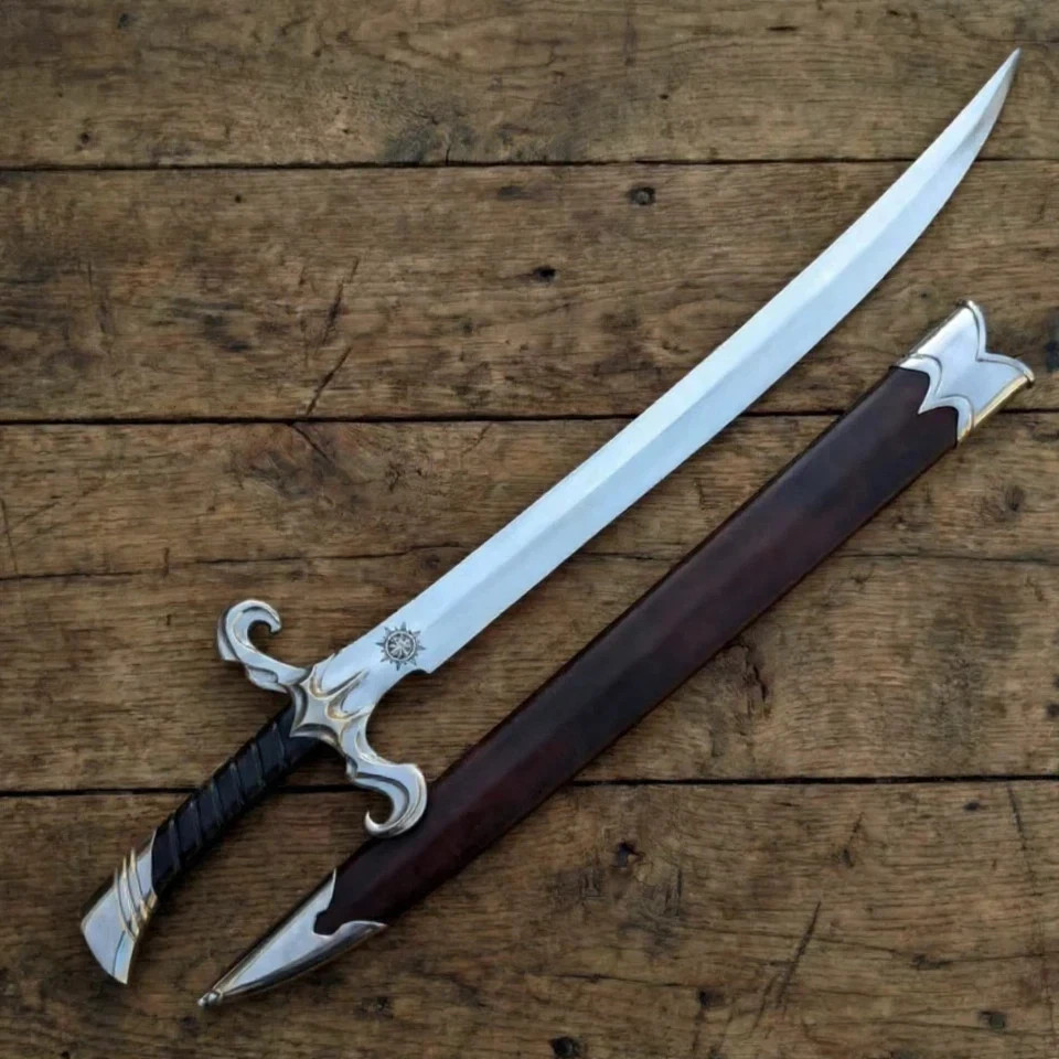 *Espada de fantasía medieval hecha a mano con mango de cuero coleccionable decoración de exhibición de pared*