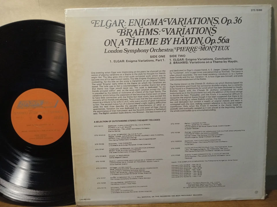 Monteux, London Symph - Elgar Enigma Variations / Brahms Variations Haydn LP NM - Image 3 of 4