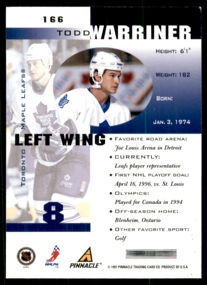 1997-98 Pinnacle Inside Todd Warriner Toronto Maple Leafs #166 - Image 2 of 2