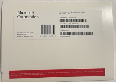 Microsoft Windows Server 2016 Standard 64Bit 24 Core DVD+Activation Key (New)