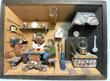 Vintage Italian Folk Art 3D Wood Diorama Men Pub Kitchen Cottage Shadowbox 7x9"
