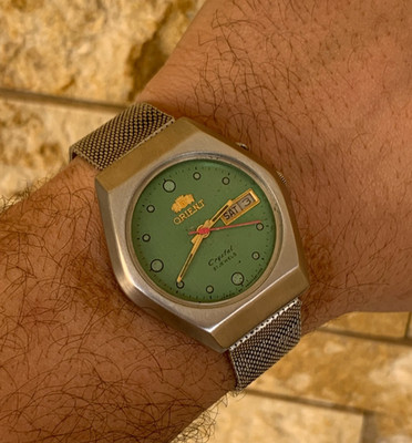 Vintage Orient Tri-Star Crystal Watch 39mm Green Dial 21J Automatic Day-Date