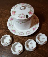 Vintage Oscar and Edgar Gutherz Salt Cellar and 4 Open Salt Dips Pink Floral