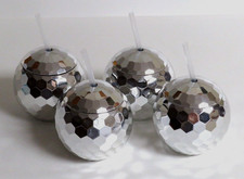 4 New Silver Disco Ball Drinking Cups Reusable Straws Fun 70s Party New Year's