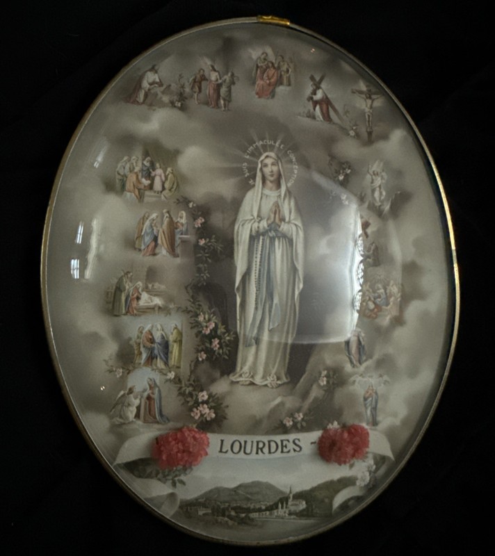 Large Vintage Lourdes Ex Voto Reliquary Bubble Glass Plaque
