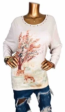 Alfred Dunner 2X Plus Top Stretch Studded Nature Deer Tree Prints 3/4 Slvs Soft