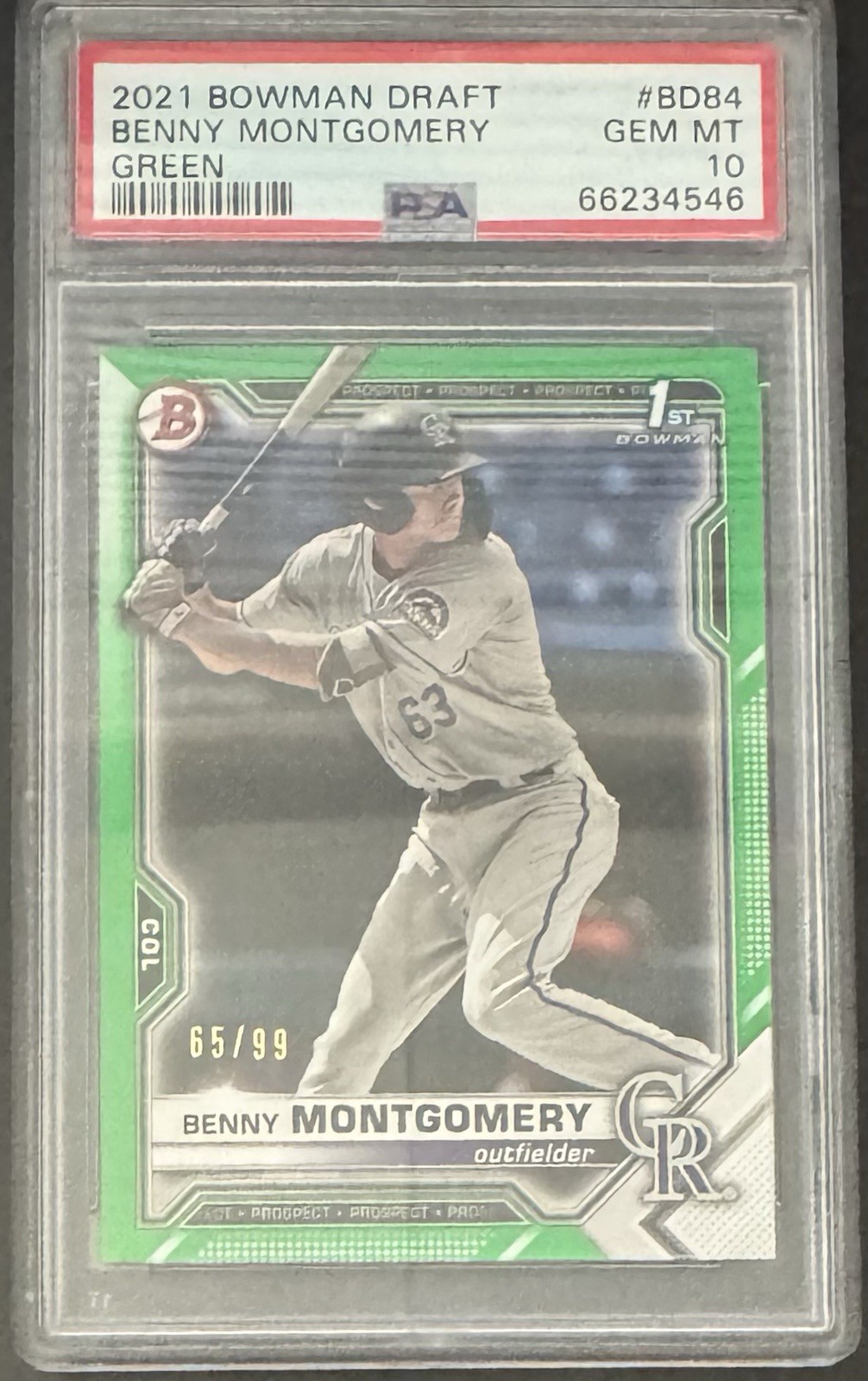 2021 Bowman Draft BENNY MONTGOMERY 1st Green /99 Colorado Rockies PSA 10