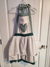 Vintage Handmade Green Gingham Terry Cloth Full Apron Cottage Granny Core