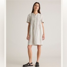 Quince 100% European Linen Short Sleeve Swing Dress Pintuck Striped Oatmeal sz L