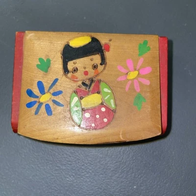 Vintage Wooden Mirrored Hand Painted Trinket Box Japan Kokeshi Doll - Image 1 of 4