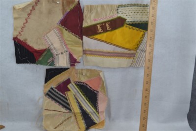 antique quilt blocks 3 pcs crazy silk hand made  original 1890