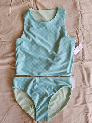 NEW GAP KIDS Girls Two Piece Tankini Green blue checkered Swimsuit