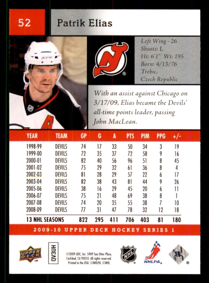 2009-10 Upper Deck #52 Patrik Elias New Jersey Devils - Image 2 of 2