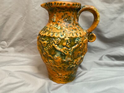 Rare Heissner NOS with tag Orange/green figural scene pitcher perfect shape 106