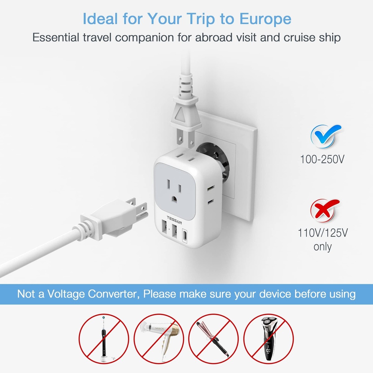 TESSAN Canada To Europe Travel Adapter 2-Pack – Type C Plug, 1 Outlet + 2 USB Ports, For Most Of Europe (Finland, France, Germany, Greece)