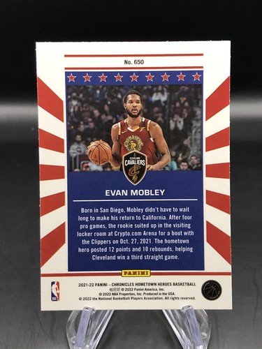 2021-22 Panini Chronicles Hometown Heroes Rookie Evan Mobley #650 RC Cavaliers - Picture 2 of 2