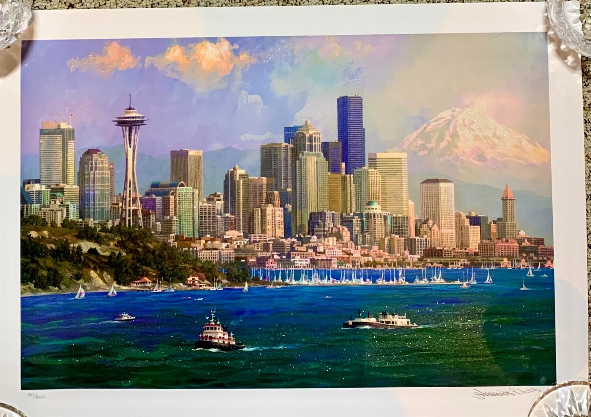 アレキサンダー・チェン Alexander Chen 絵画 シルクスクリーン版画 Alexander Chen Seattle Skyline & Space Needle Signed