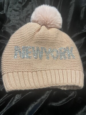 Knit Fleece Lined Pull On Hat With Fluffy PomPom Rhinestone New York   Glam.