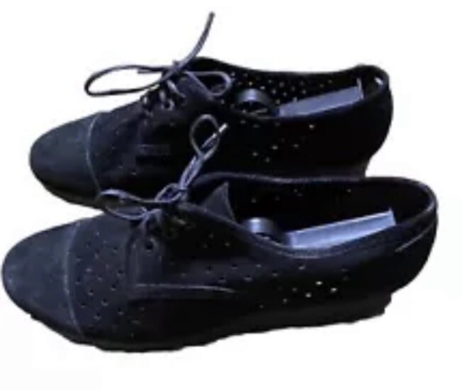Robert Clergerie Black Perforated Suede Lace Up Low Wedge  display picture 3