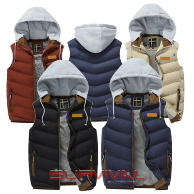 Mens Padded Vest Sleeveless Bomber Jacket Detachable Hood Outer Wear Size S  M L UK
