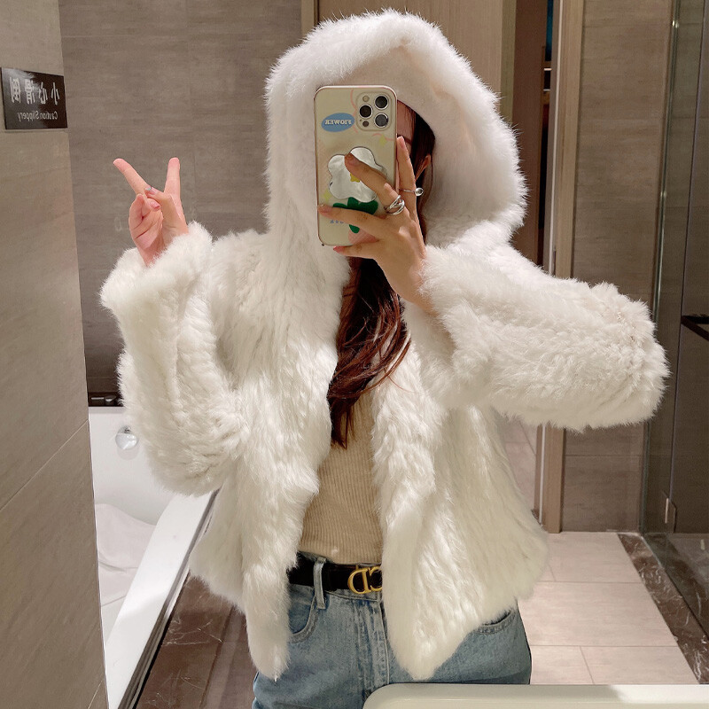 Women 100% Real Rabbit Fur Knitted Short Coat Casual Hooded