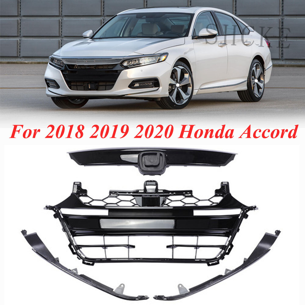 Black Front Bumper Upper Grille & Lower Grill For 18-20 Honda Accord Replacement