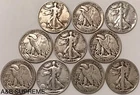 (10) Walking Liberty Half Dollars 1916-1947 F-VF Fine-Very Fine 90% Silver Lot