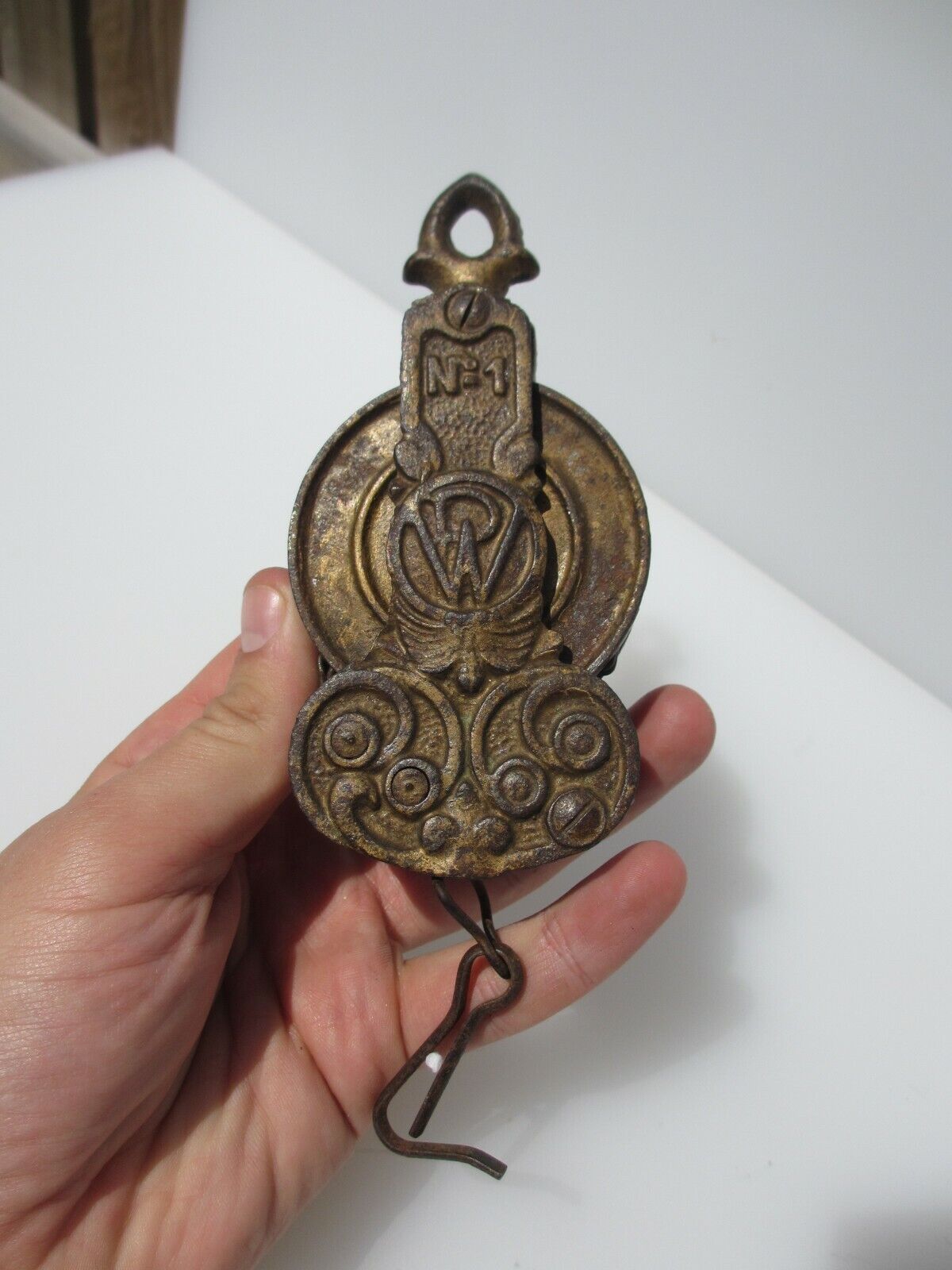 Antique Iron Pulley Block and Tackle French Ornate Cast Gilt Lea