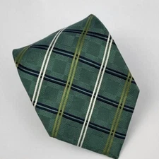 Geoffrey Beene Silk Tie Green Silver Blue Plaid Men Necktie 57.5 x 3.5/8