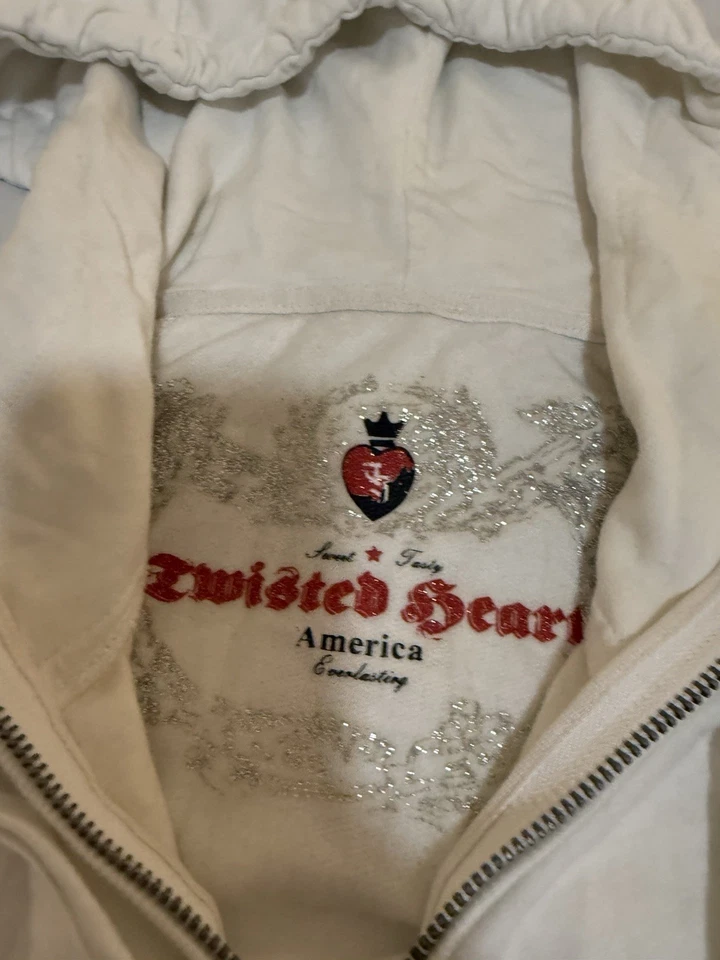 Twisted Heart Hoodie Womens White Velour  Sequin Trim Heart Zipper Medium 169 - Image 2 of 4