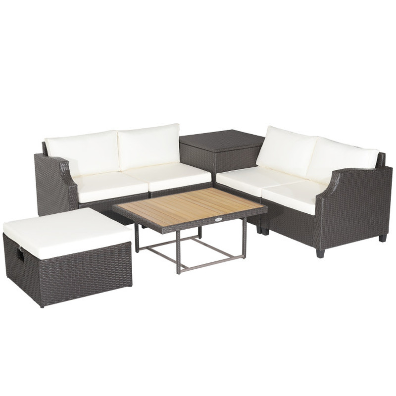 7 Pieces Wicker Outdoor Furniture Set with Acacia Wood Coffee Table and Ottoman thumbnail 11