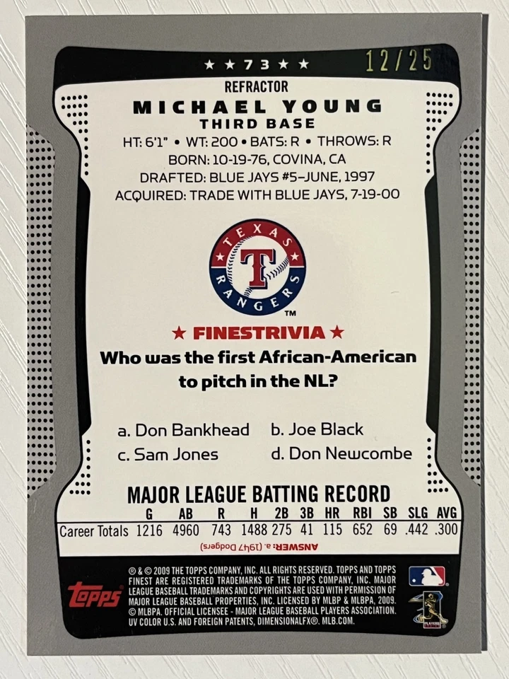 Michael Young 2009 Topps Finest Red Refractor #73 12/25 Texas Rangers - Image 2 of 2