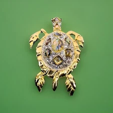 Vintage Gold Tone Turtle Brooch Abalone Shell Rhinestones 2.5 Inch Pin
