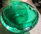 Murano? Vintage Art Glass Ashtray Green Bowl Controlled Bubbles Bullicante